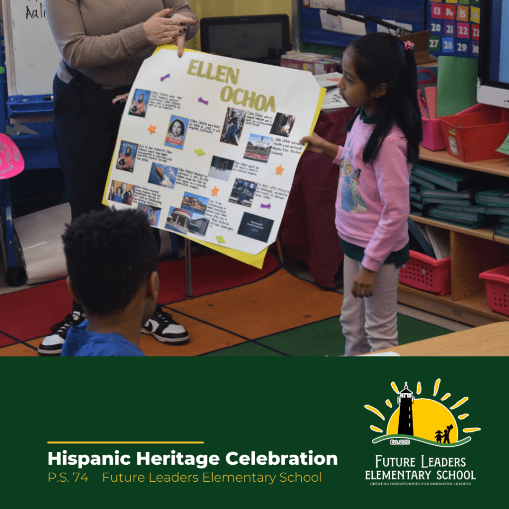 Girl is presenting her poster about the life of Ellen Ochoa